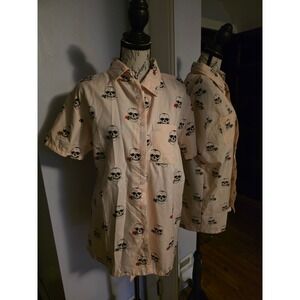 Brooklyn Standard Peach Skull and Rose Print Short Sleeve Button Up Shirt Mens M